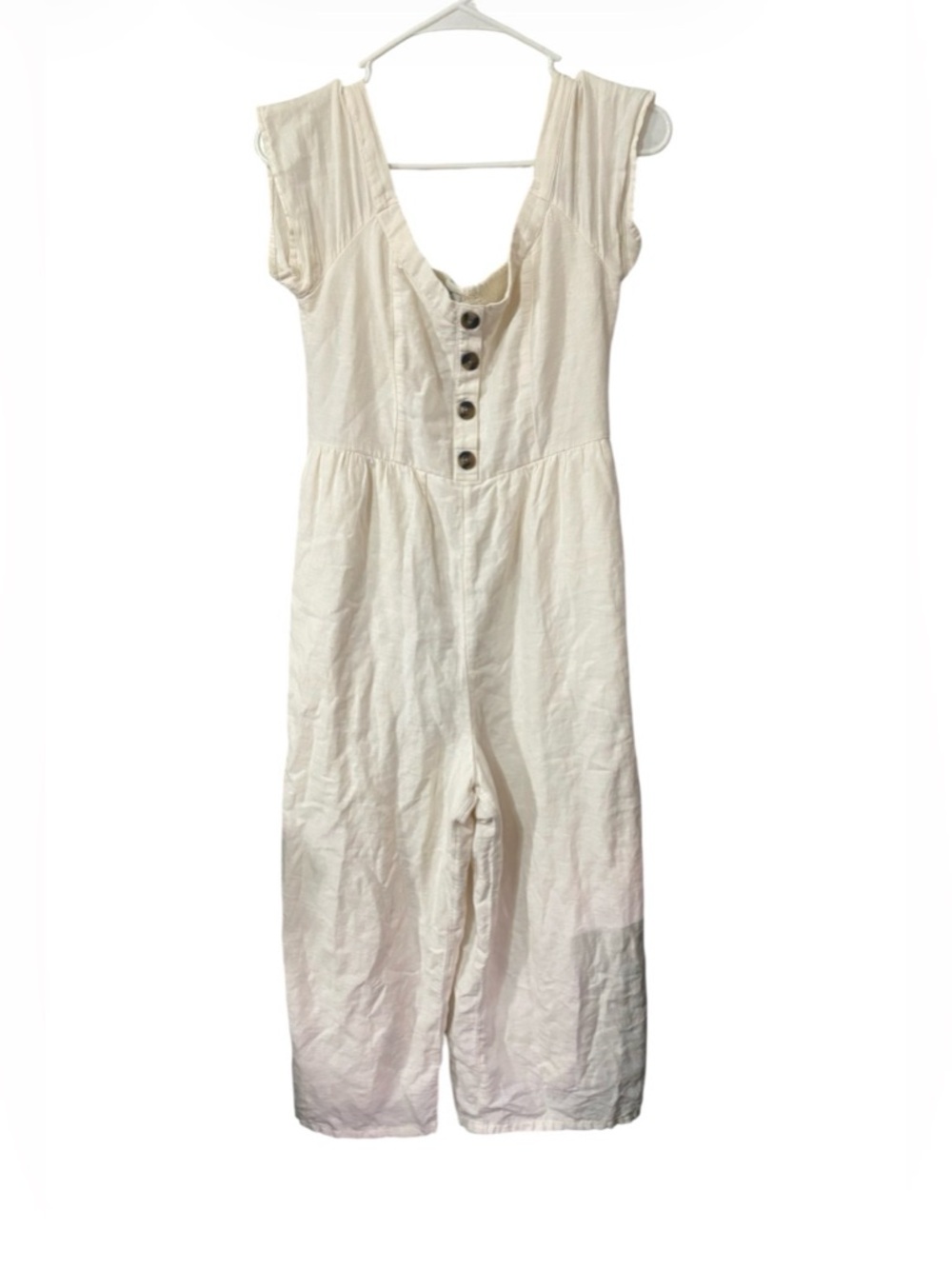 American Eagle Linen Blend Jumpsuit Cream Wide Leg Button Front Cropped Leg Sz M - Picture 3 of 5